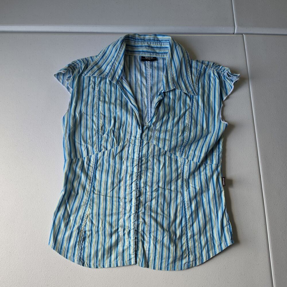 Y2K Striped Button Up Shirt Womens Small Blue Collared Cap Sleeve Slim Fit Top